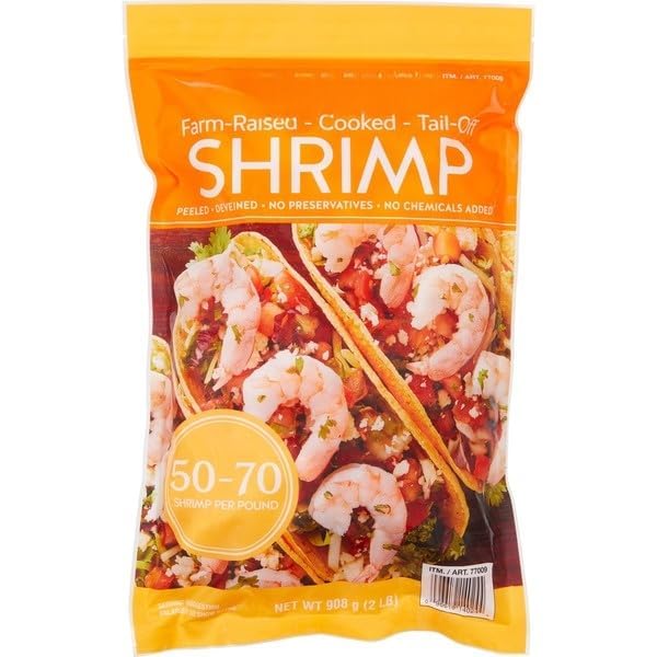 Cooked Shrimp, Tail-Off, 50/70 Count , Fully cooked, peeled, and deveined shrimp saves you prep time—just thaw and serve , Responsibly with consistent size, texture, and taste , Peeled & Deveined, Ready to Eat, Frozen Seafood for Salads, Pasta . [ 32 oz , 2 lb ]