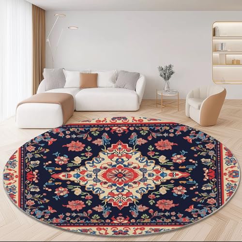 Genérico Alfombra Redonda de 90 cm, Suave Franela y Lavable Alfombra Redonda Tradicional Estampados Florales Persas para Dormitorio Sala de Estar Cocina Decoración, Rojo Azul Alfombras Antideslizante