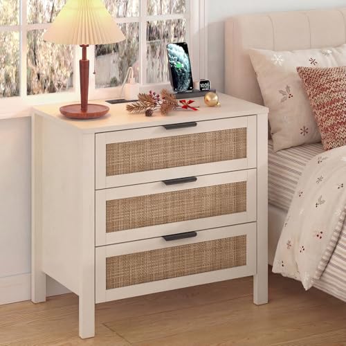 HOMMPA Rattan Night Stand with Charger Station Set of 2, 26'' Wide Boho Nightstand with 3 Drawer, Modern Bedside Table with Plug, Bed Side End Table Dresser with Open Shelf for Bedroom, Beige - image 9