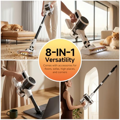 Image of BSNAW Cordless Vacuum Cleaner for Home - Lightweight, Stick Vacuum Clean with Rechargeable Battery, Max 45Mins Runtime, 8 in 1 Handheld Vacuum for Hardfloor & Carpets Pet Hair, White