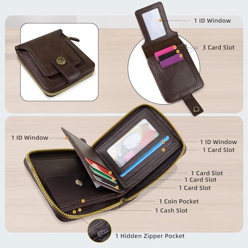 Image of Men Wallet, Vintage PU Leather Multi-Card Zipper Wallet with 8 Card Slots and Coin Pocket Large Capacity Buckle Credit Card Holder Wallet with Zipper (A, Dark Brown)