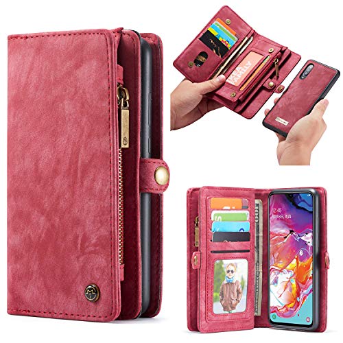 Preisvergleich Produktbild Simicoo Samsung A70 Leder Wallet Schutzhülle 11 Kartenfächer Reißverschluss Abnehmbare Brieftasche Magnetverschluss Robuste Filp Tasche Handyhülle für Samsung A70 (A70, Red)