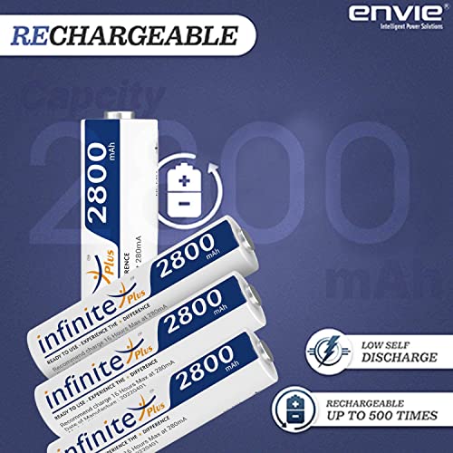 Image of ENVIE (ECR11+AA2800 4PL) Speedster Rechargeable Batteries Charger && Infinite Plus AA High Capacity (2800mAh) Ni-MH Rechargeable Ready to Use Battery Pack of 4