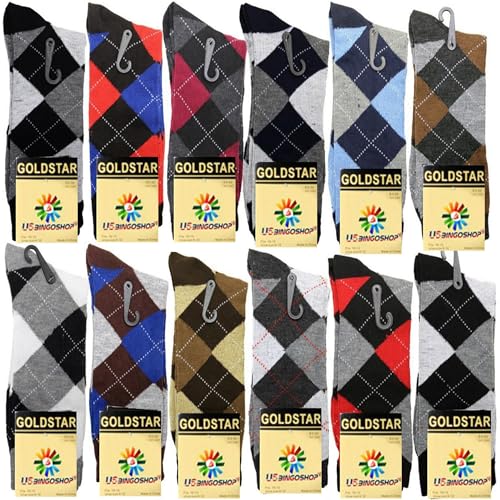 USBingoshop Mens Cotton Argyle Striped Solid Ribbed Black Crew Dress Socks
