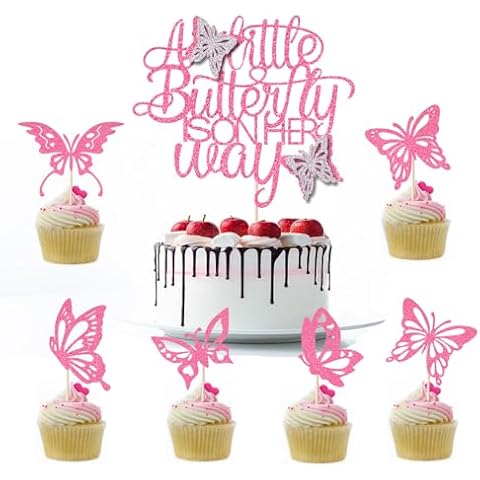 Naicaek A Little Butterfly is on Her Way Cake Topper,7 Pcs Butterfly Cake Decorations,Butterfly Oh Baby/Butterfly Welcome Baby Themed Cake Topper,Baby Shower,Gender Reveal Party Supplies Cover