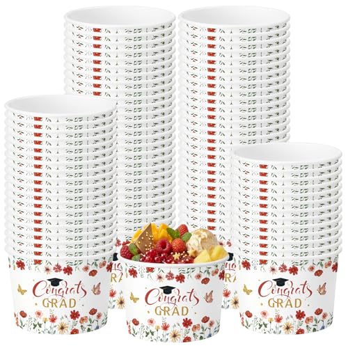 Image of Funnymoom 50 Pack Red Wildflower Graduation Ice Cream Cups 9 oz Class of 2026 Congrats Grad Disposable Dessert Snack Cups Floral Graduation Paper Soup Bowls for College High School Party Supplies