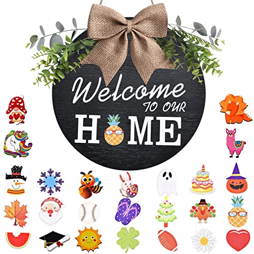 JNUYISW Signo de Puerta de Bienvenida Guirnalda Puerta Cartel Bienvenida Coronas de Bienvenida Intercambiable Bienvenido a Nuestra Casa Puerta Frontal Decoración para Granjas Pared Negro Cover
