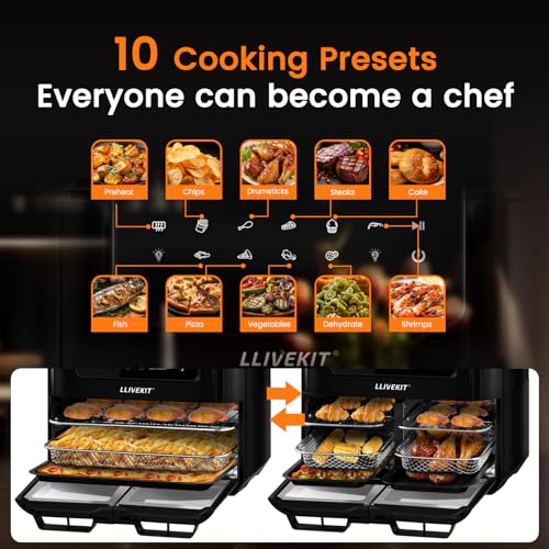 LLIVEKIT Heteluchtfriteuse, 12 l, Air Fryer met afneembare scheidingswand, voor 5,5 l dubbele zone, Sync Finish & Dual Cook, binnenverlichting, 10 programma's, 9 accessoires, 2400 W, zwart - Afbeelding 6