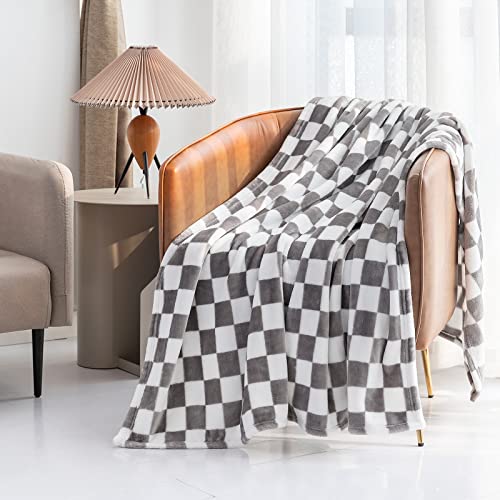 LOMAO Throw Blankets Flannel Blanket with Checkerboard Grid Pattern Soft Throw Blanket for Couch, Bed, Sofa Luxurious Warm and Cozy for All Seasons (Grey, 50"x60")