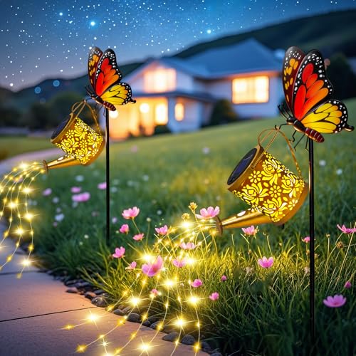 yeuago 2pack Solar Watering Can Lights Butterfly Hook Outdoor Garden Decor
