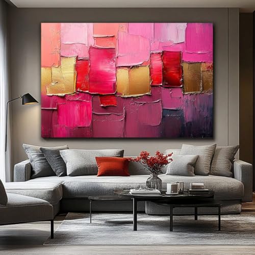 Tableau abstrait déco murale géométrique rouge rose doré 50x70cm