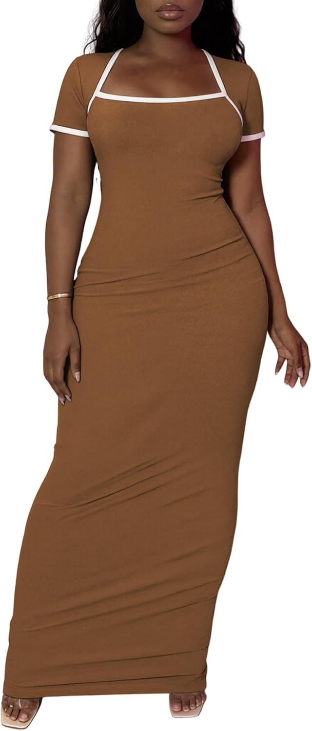 PINSV Women Summer Long Dress Casual Sexy Slim Short Sleeve Bodycon Maxi Dresses for Women