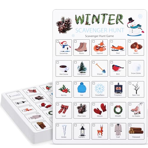 Hoolerry 30 Pcs Nature Scavenger Hunt for Kids Car Scavenger Hunt Cards Road Trip and Travel Activities Camping Games Outdoor Indoor Seek Activity for Kids Adults(Winter)