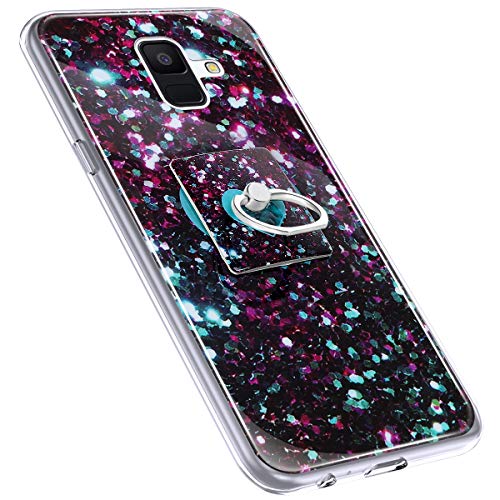 Urhause Cover Compatible with Samsung Galaxy A6 2018 Case Sparkle Glitter Bling Marble Case TPU Silicone Ring Holder Cover 360 Degree Rotation Ring Holder Kickstand Shiny Bling Shockproof Cover Purple