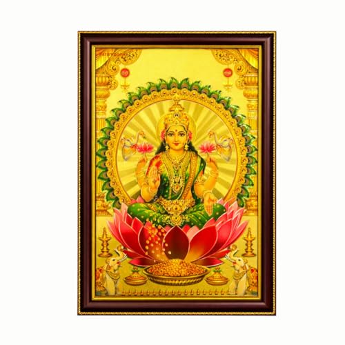 Image of Paramporul Gallery Lakshmi in Green Saree Prosperity Gold Foil Photo Frame for Pooja Room, Hindu God Wall Decor, Ready to Hang, 10x14 Inch