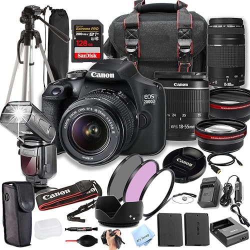 Canon EOS 2000D (Rebel T7) w/EF-S 18-55mm & 75-300mm+ 128GB Extreme Speed Card, Camera Case, Tripod,TTL Speedlite, Spare Battery, Filter Kit, and More (Extreme Pro-Bundle) (Renewed)