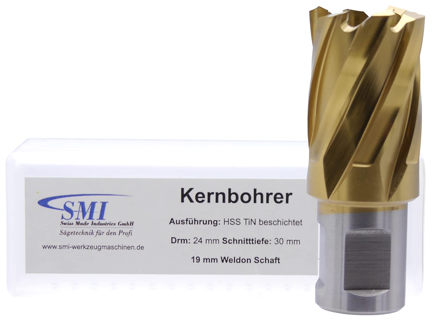 SMI HSS TiN Kernbohrer 24 mm Drm. Schnitttiefe 30 mm, Aufnahme 19 mm Weldonschaft