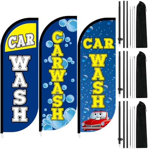 Tingjoo 3 Pcs 7 ft Car Wash Flags with Pole Business Feather Flag Banner Vehicle Clean Advertising Flags for Business Outdoor Advertising and Events Publicity