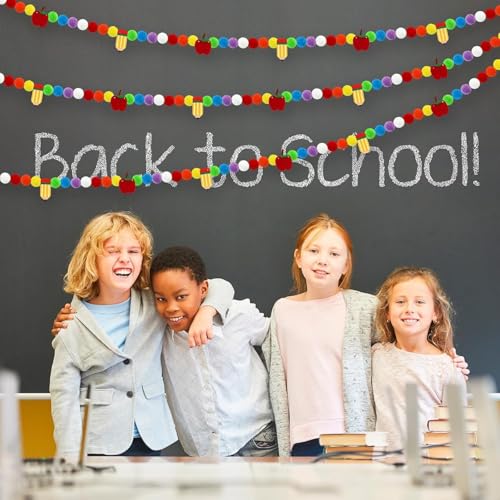 Image of 3 Pcs Back to School Felt Banner Pencil Apple Garland Classroom Return to School Pom Pom Ball Garland Colorful Pompom Hanging Banner Hanging Garlands for First Day of School Classroom Decorations