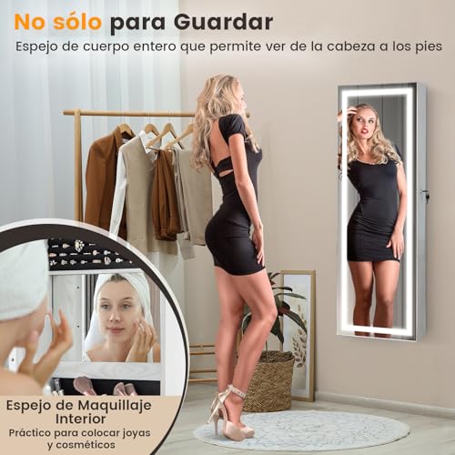 Armario para joyas espejo led de pared y puerta con llave 8