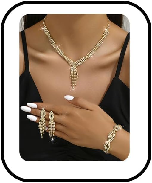 Prom Jewelry Set for Women Wedding Bride Crystal Set Rhinestone Tassel Necklace Earrings Bracelet Wedding Party Jewelry