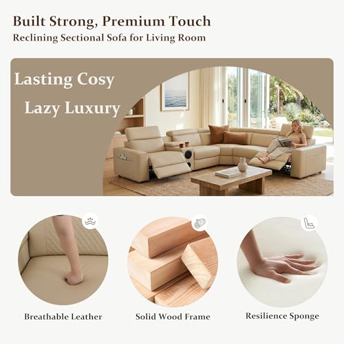 Image of Power Recliner Sectional Sofa, L-Shaped Living Room Furniture, 5 Seaters Reclining Sectional Couch with Storage Console /Cup Holder, Khaki Leather Corner Furniture for Living Room /House /Apartment