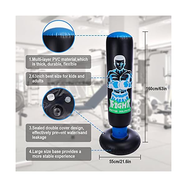 Inflatable Kids Punching Bag with Stand 63 inch with Stand Freestanding Punching Bag with Bounce Back Tall 63 inch Fitness Boxing Bag for Practice Kickboxing Taekwondo MMA Karate for Kids and Adults