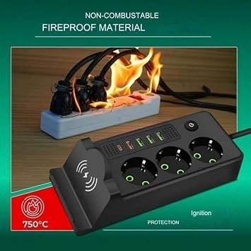 1080 Power Strip 3 Outlets 5 Vertical USB Ports with Wireless Charging Pad 2500W 220V 250V Detachable Switch Charging Station for Office Home 750℃ Flame Retardant (Black)