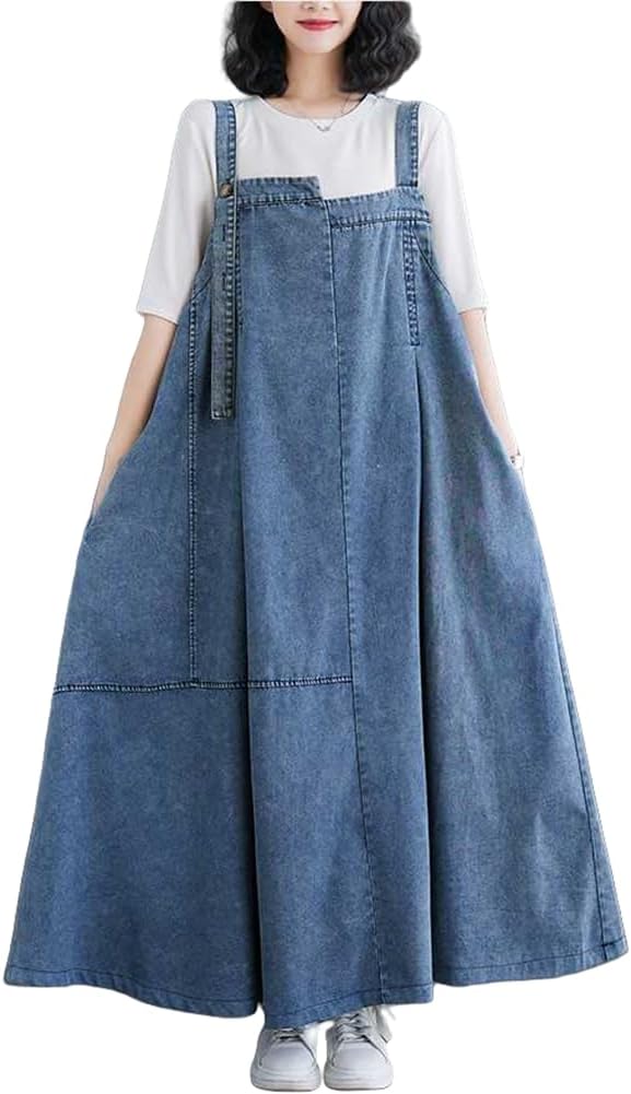 Overall Dress for Women Jean Boho Denim Overalls Skirt Jumper Pinafore Dresses Wide Hem Adjustable Straps Loose