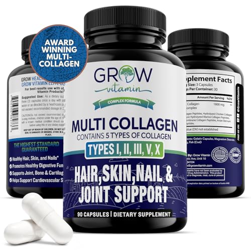 grow vitamin Multi Collagen Capsules 1800MG (Types I, II, III, V & X) - Non-GMO, Grass Fed Collagen - Anti Aging Support for Hair, Skin, Nails - Protein Pills for Joint Support - 90 Capsules