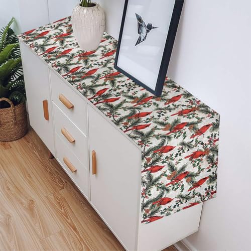Image of Dining Table Mats Set of 4 with 135 cm Runner - Bird Red Green Christmas Theme,Digital Print, Washable, Indoor /Outdoor, Heat-Proof, Wipe & Clean (47X33 cm) Red & Green