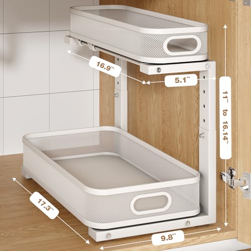 Image of 2 Pack 17.3IN-Depth Under Sink Organizer with Smooth Cylindrical Rail,2-Tier Pull Out Multi-Purpose Cabinet Storage for Bathroom&Kitchen,Height Adjustable,Rust-Resistant Coating-Gun Gray
