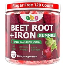 Beet Root Gummies 100mg Red Beet Chewables with Grape Seed, CoQ10, Vitamin C, Iron & B12 Supports Energy Metabolism & Healthy Circulation Sugar Free Supplement for Women & Men, 120 Count