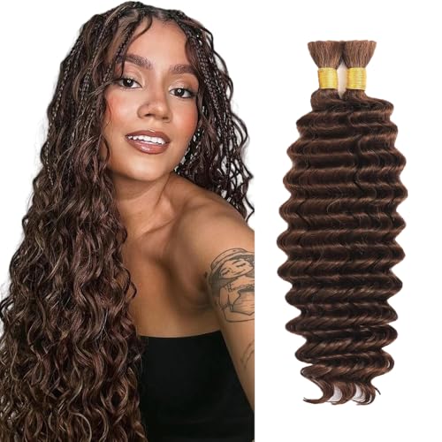 #4 Brown Human Braiding Hair For Boho Braids 3 Bundles12 12 12 Inch Chocolate Deep Wave Bulk boho Human Hair for Braiding hair Knotless Bohemian Hair Extensions 150g