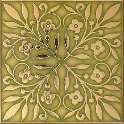 Main Street 24-Pack of 8 x 8" Wallpaper Tiles Peel and Sitck in Gold and Green Leaves Design for Kitchen Backsplash, Renter Friendly, Paper Wall Tiles for Your Home and DIY Projects