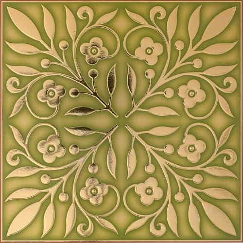 Main Street Peel and Stick Wallpaper Tiles, Gold & Green Leaves, 24-Pack