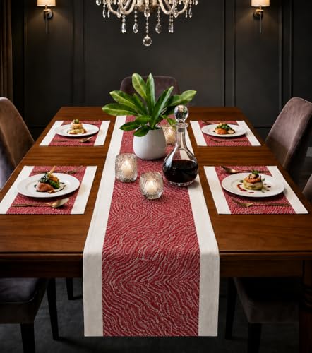 Image of YELONA Placemats and Table Runner Set - Heat Resistant, Non-Slip & Washable PVC Vinyl Dining Table Mats - Berry Red (4 Placemats: 45x30 cm, 1 Runner: 180x30 cm)