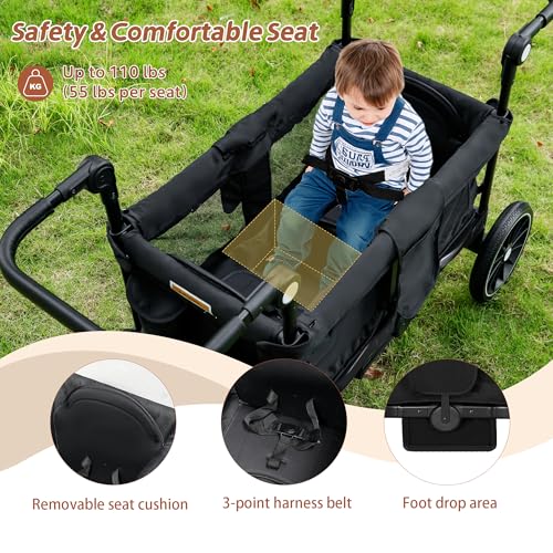 TODEFULL Foldable Wagon Stroller, All-Terrain Stroller for 2 Kids, Kids Wagon Cart Featuring with Harnesses, Adjustable Double Push Handle, Convert to Baby Bassinet, Large Storage Bag, Black - Thumbnail 3