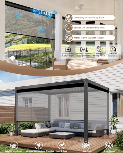Image of Kincmo Motorized Outdoor Shades for Patio Porch, Custom Outdoor Motorized Blinds with Remote, Waterproof & Windproof Patio Shades Work with Apple Home,Alexa,Google (White Grey-5% Openness)