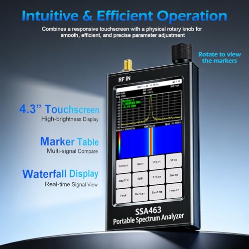 Image of AURSINC Portable Spectrum Analyzer SSA463, 35MHz - 6.3GHz Frequency Analyzer, RF Signal Generator with 4.3 inch Touchscreen, Built-in 30dB Precision Attenuator for RF Testing, Harmonic & Signals Analysis