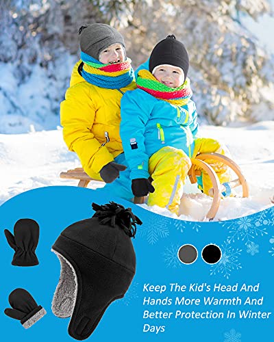 2 Sets Newborn Baby Boys Hat And Mitten Fleece Set Lined Trapper Hats Winter Sherpa Lined Fleece Gloves Mitten Kids Warm Fleece Cap With Ear Flaps For 1-2 Years Baby Little Boys, Black, Grey #TOP5