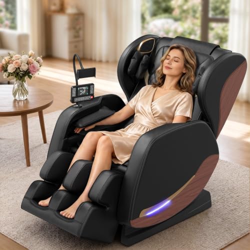 yewglen Massage Chair Zero Gravity Massage Chair Full Body with 14 Fixed Rollers Back Waist & Foot Massage Wood Grain Leather 8 Airbags Heating Bluetooth & Control Screen