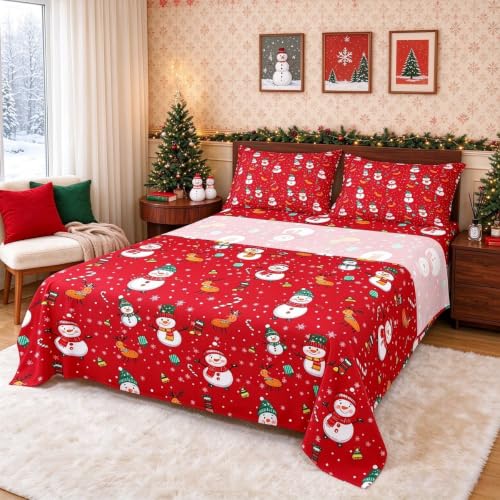 Merry Christmas Sheet Set, Snowman Kawaii Bed Sheets Twin for Kids Boys Girls Teens Bedroom, Xmas Deer Snowflake Bedding Set Cartoon Christmas Theme Fitted Sheet 3 Pieces with 1 Pillow Case, Red