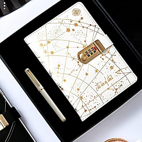 Lock Journal Combination Lock Writing Travel Diary Diary with Lock A5 PU Leather Journal Notebook with Combination Lock for Girls, Boys, Adult (White)