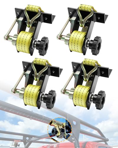Ladder Rack Ratchet Straps, W/J-Hook (4PCS), 1.4" Black Square Tube Mount, 1.5" Wide x 7.5' Long, Yellow Lumber Rack Ratchet Straps, 500 lbs Load Heavy Duty, Truck Rack Straps, Pipe/Roof Rack Strap