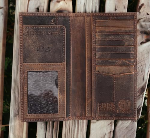 F&L CLASSIC Men's RFID Vintage Look Genuine Leather Long Bifold Wallet Checkbook Wallets,buffalo vintage leather2