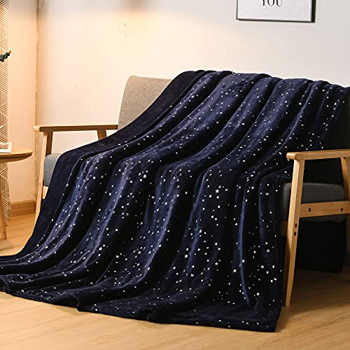 Nanpiper Fleece Blankets King Size Star Foil Print,Luxury Cozy Microfiber Blanket,Super Soft Flannel Fuzzy Blanket,Navy Blue #TOP4