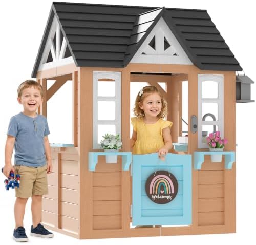 BIERUM Outdoor Playhouse for Kids – Wooden Kid Play House with Play Kitchen, Birdhouse, Flowerpot Holders and Mud Molds, Premium Wood Kids Cottage for Ages 3-8, Backyard Pretend Play