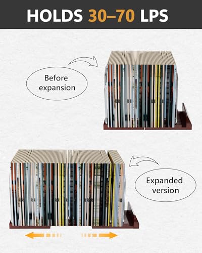 BS-VOG Schallplatten Aufbewahrung, erweiterbarer Schallplattenständer für 30-70 LPs, Now Playing Plattenständer, Vinyl Halter aus Holz & Metall, für Zuhause & Musikliebhaber