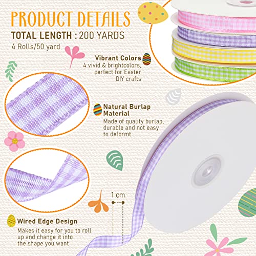 Easter Plaid Fabric Ribbon Spring Gingham Ribbon Checkered Wired Ribbon Diy Craft Pastel Ribbon For Easter Valentine's Day Birthday Baby Shower (Bright Colors, 3/8" X 200 Yd) #TOP1